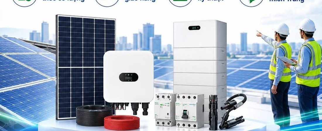 Bộ vật tư điện mặt trời: tấm pin, inverter, dây DC, MCB và đầu nối