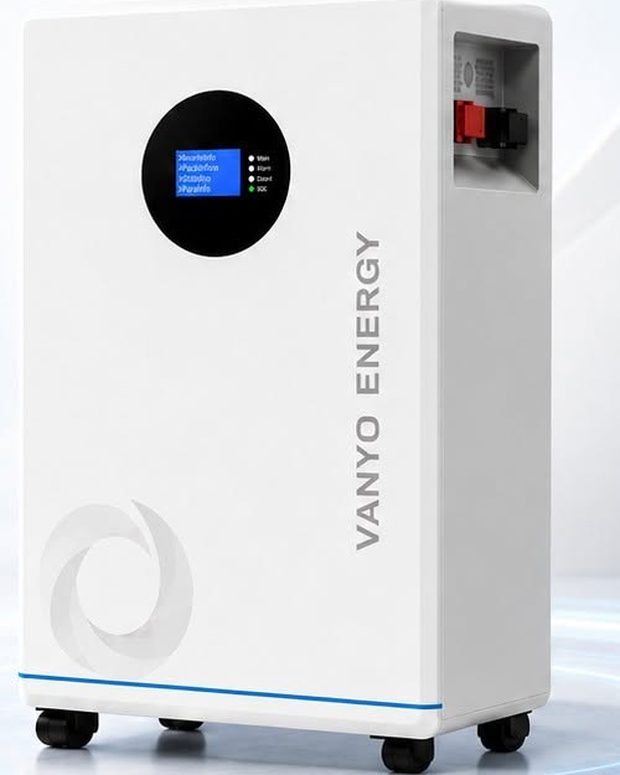 Tủ pin lưu trữ Lithium Vanyo Energy 15kWh dạng đứng, có màn hình hiển thị trạng thái