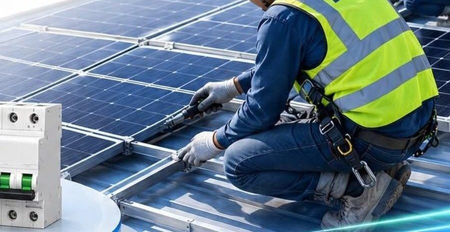 Thợ DMC Solar lắp tấm pin trên mái nhà xưởng