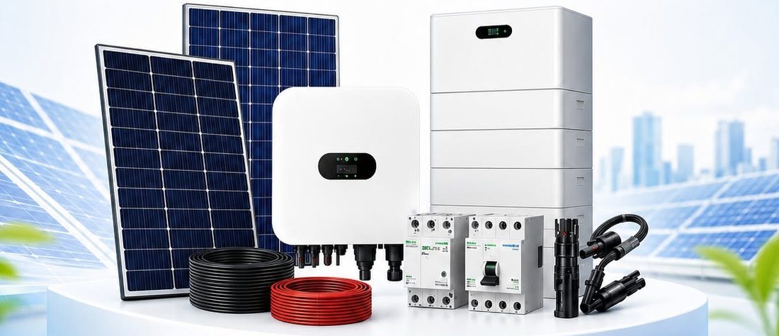 Tấm pin, inverter và tủ pin lưu trữ bày cạnh nhau